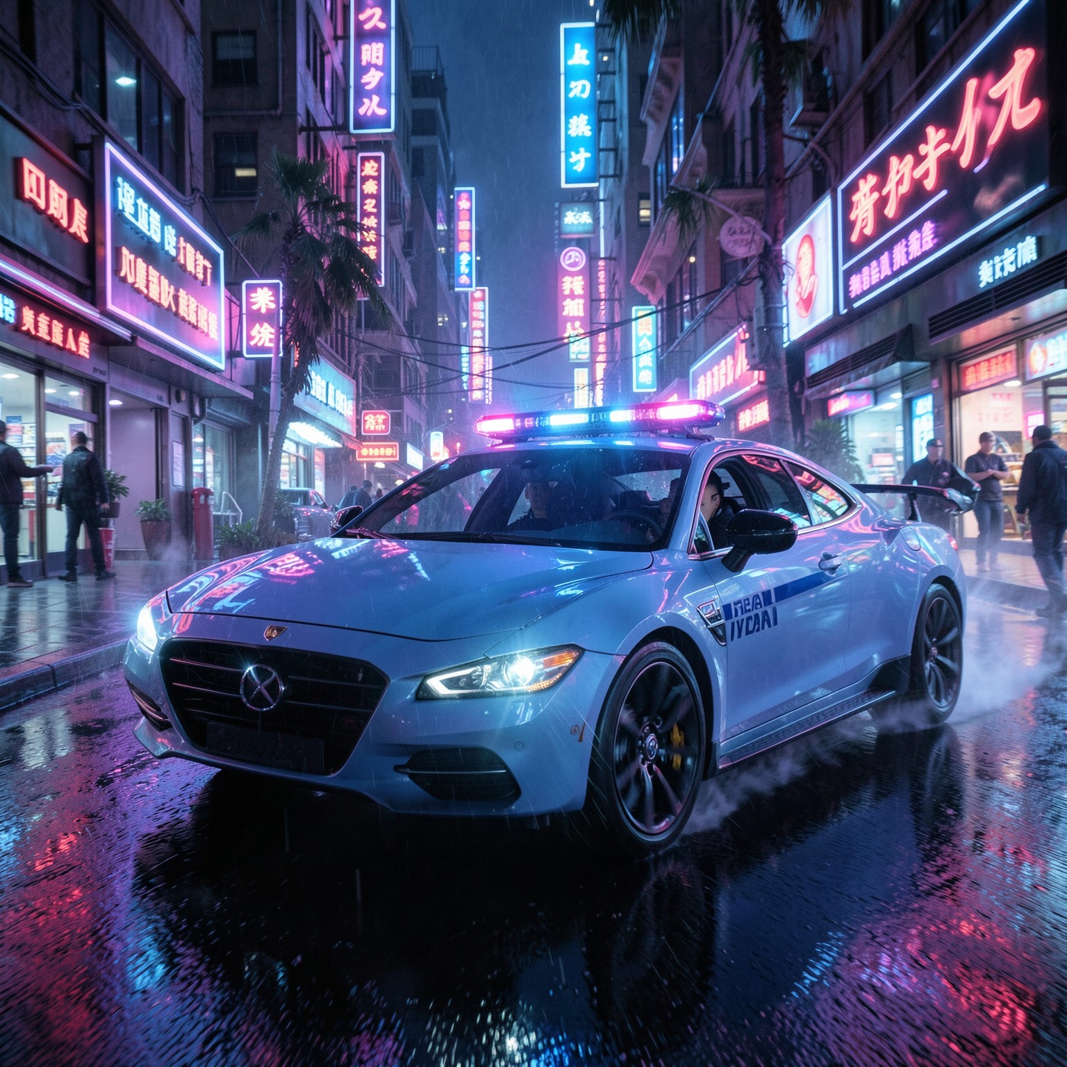 futuristic police car chase in neon cyberpunk streets