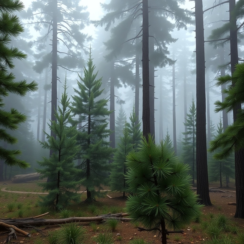 Photo-realistic editorial photography, realistic scene representing pine forest in mist