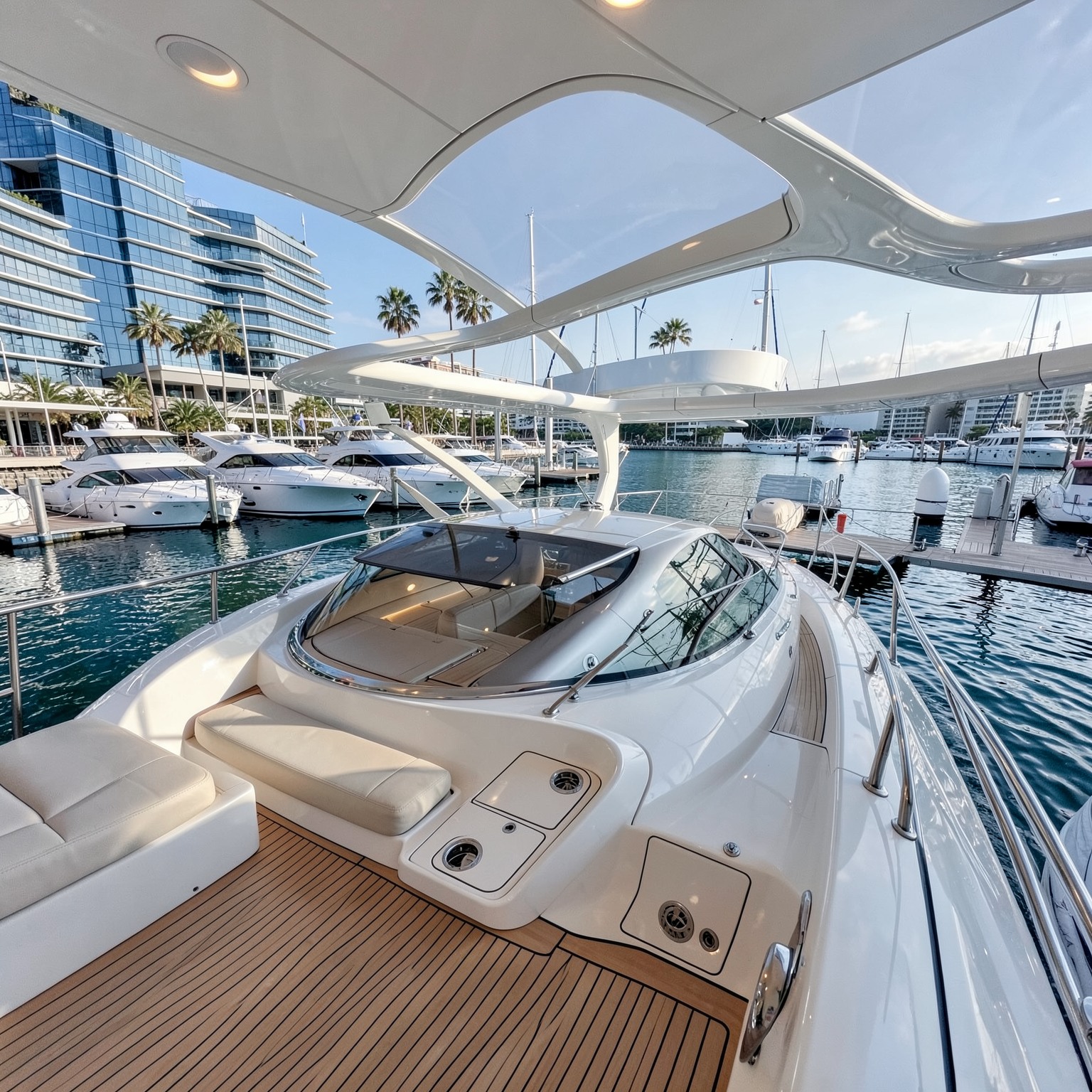 Luxury yacht inside futuristic marina