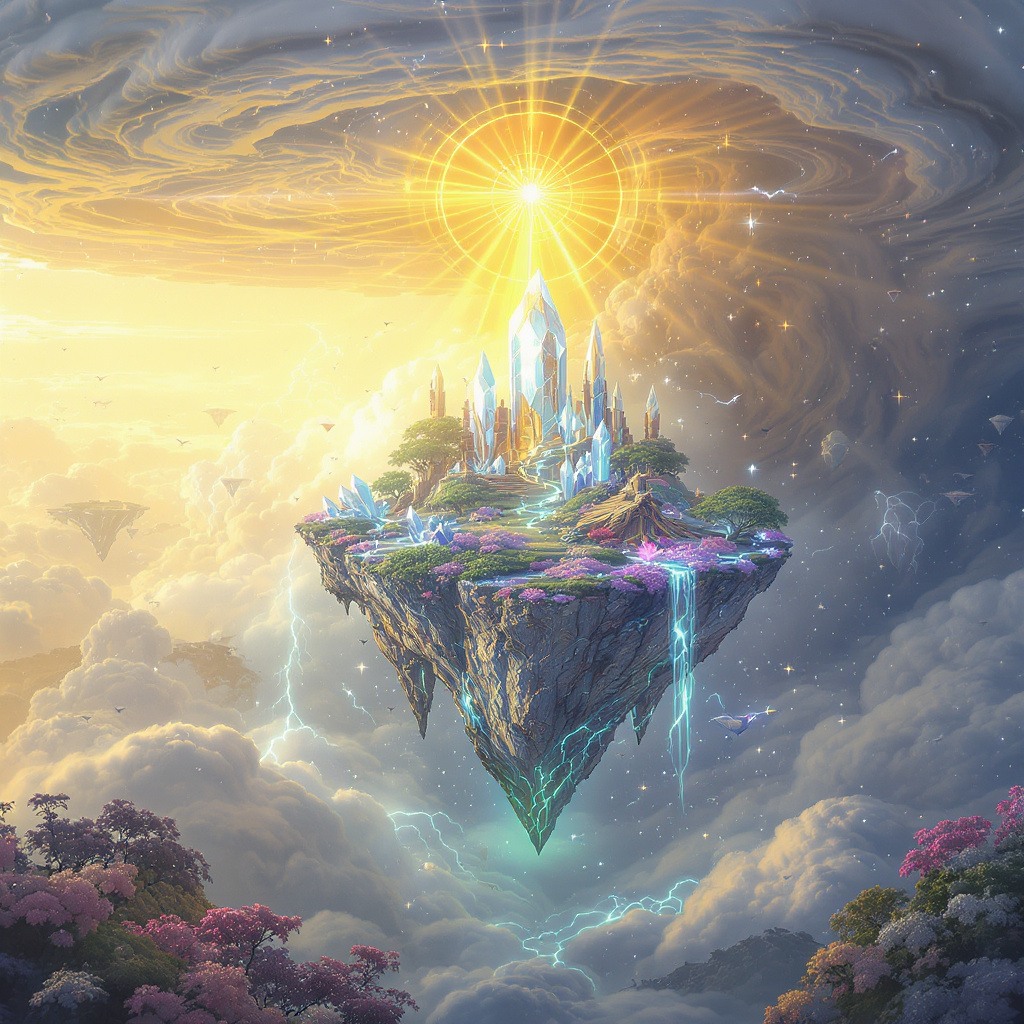 Floating crystal islands above giant storm clouds, fantasy world, god rays, epic scale