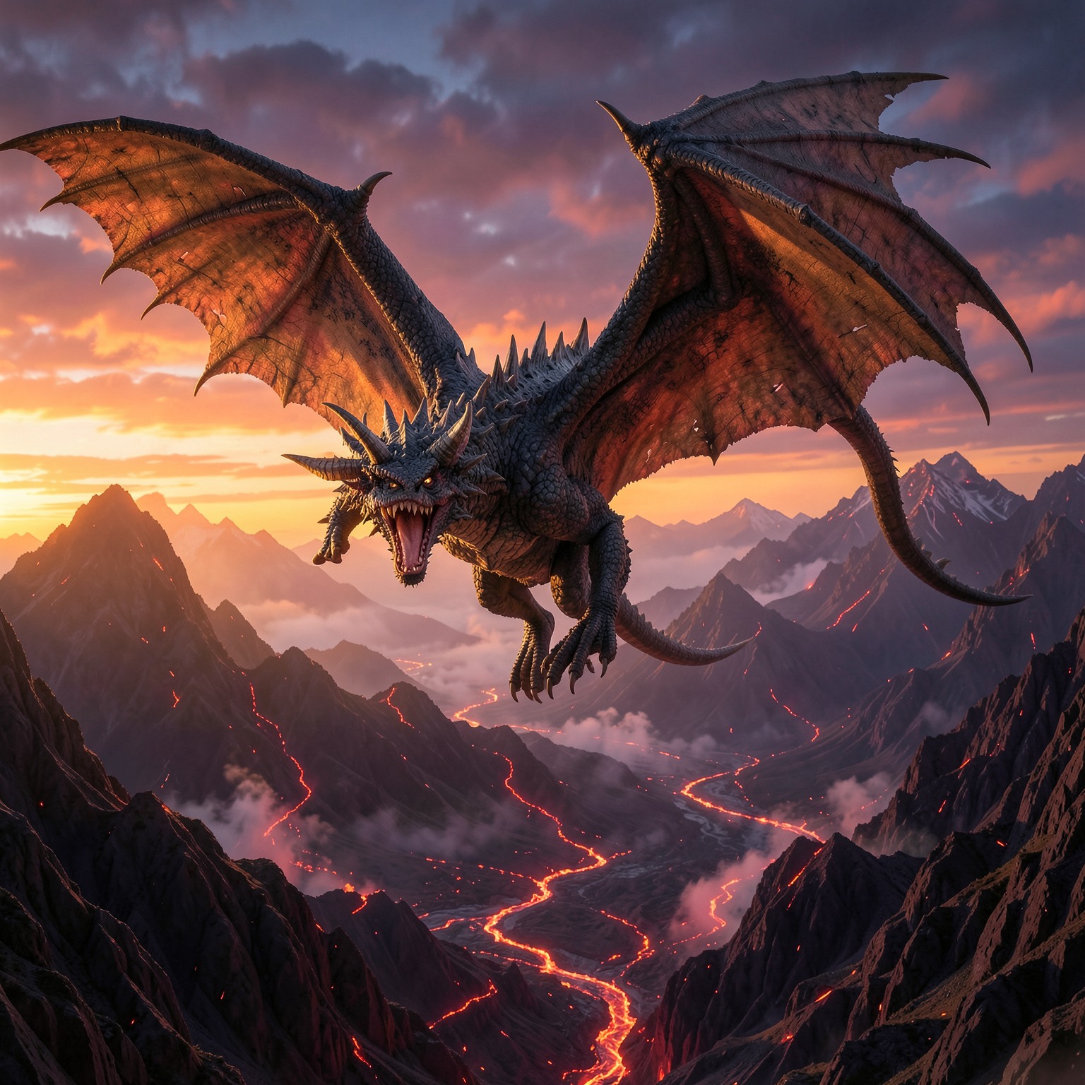 ultra detailed dragon flying above volcanic mountains at sunset