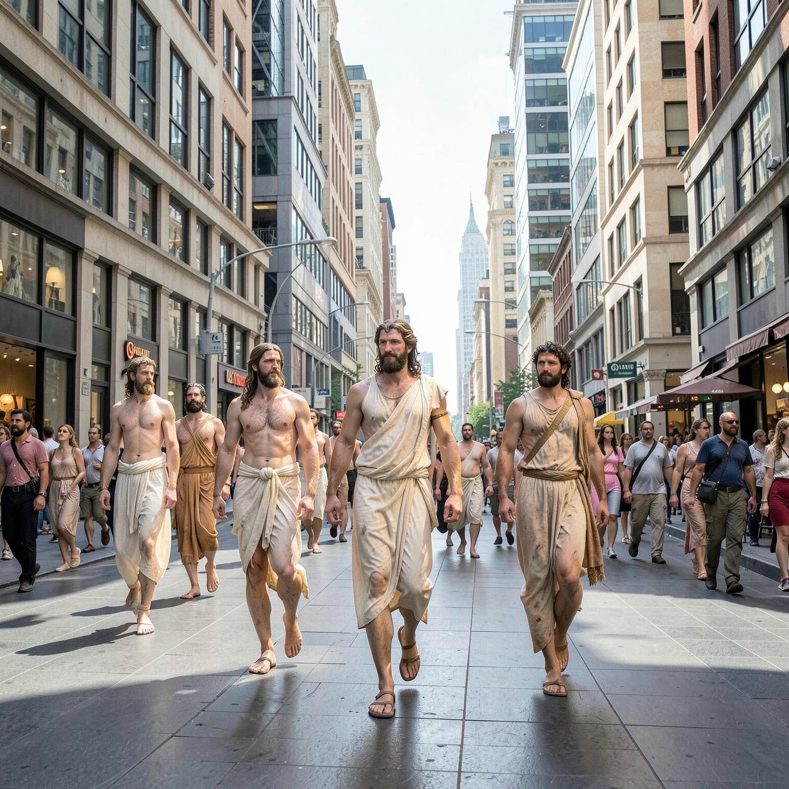 Ancient Greek gods walking through modern city streets