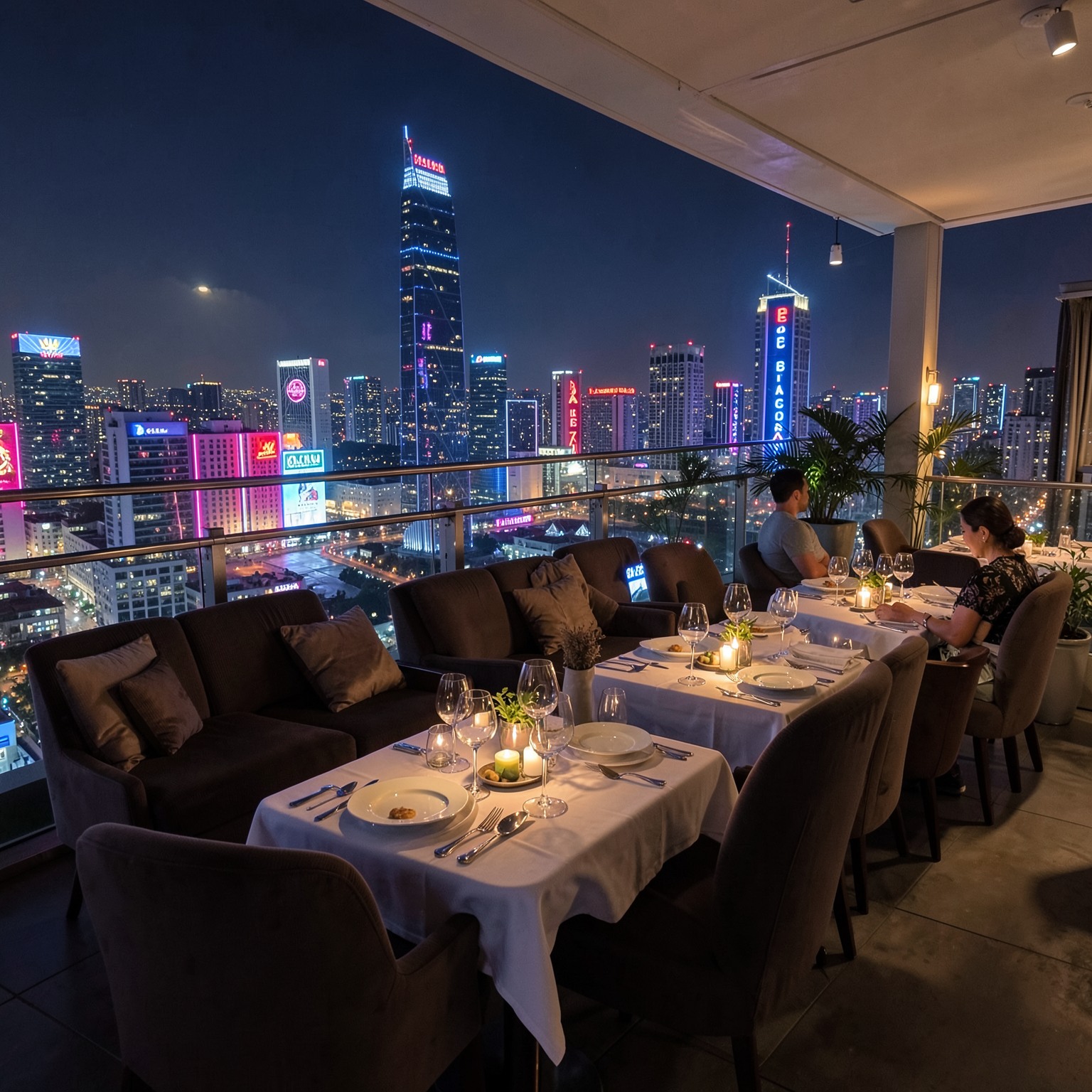 luxury rooftop restaurant overlooking neon city