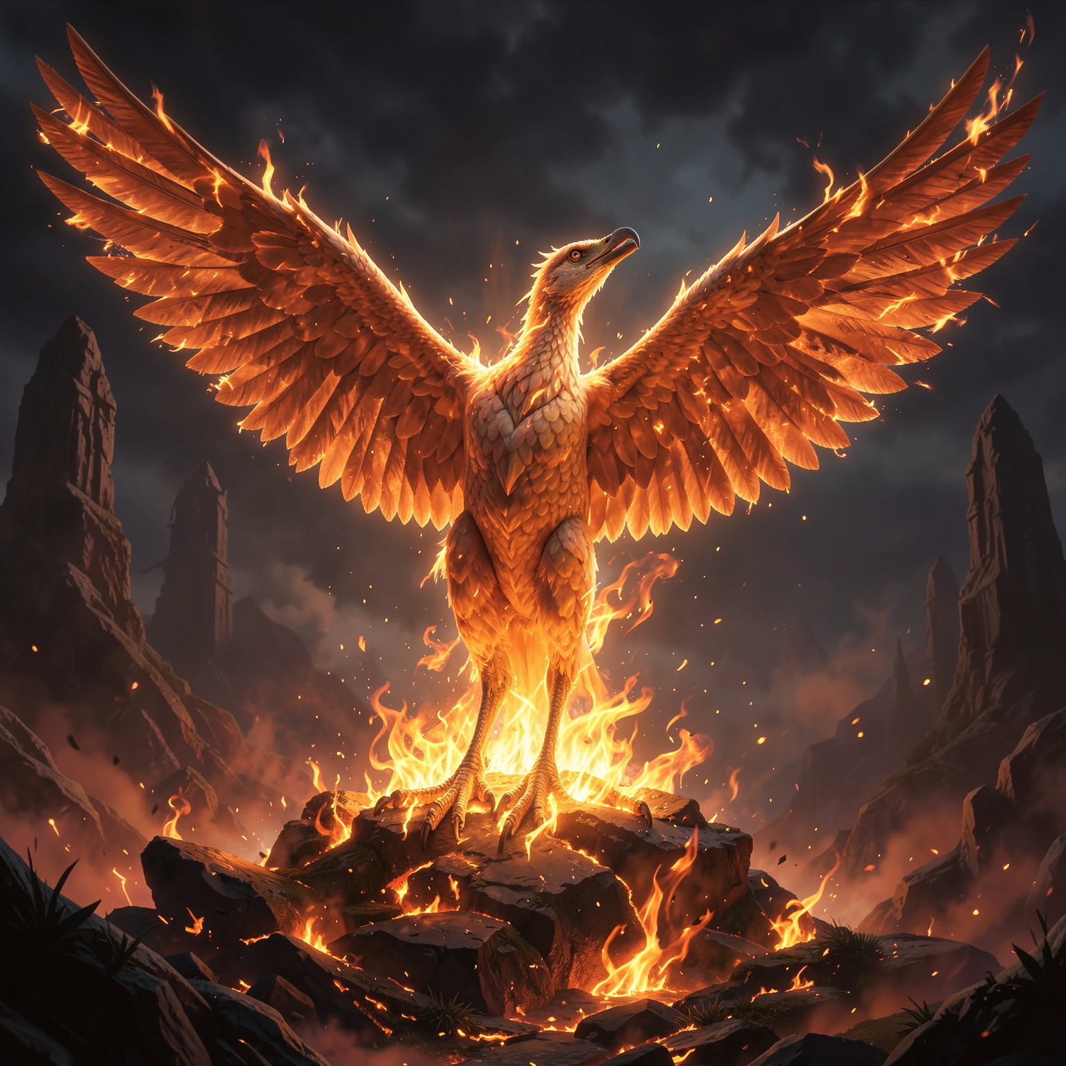 fantasy phoenix rising from fire with cinematic flames