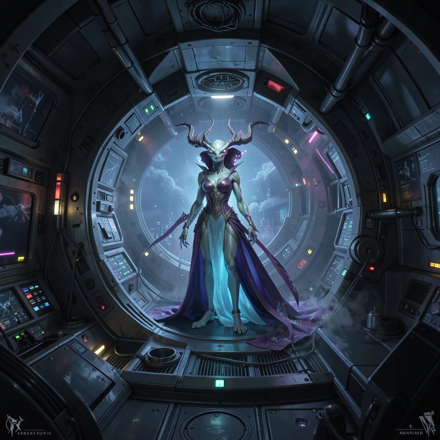Alien queen inside biomechanical spaceship