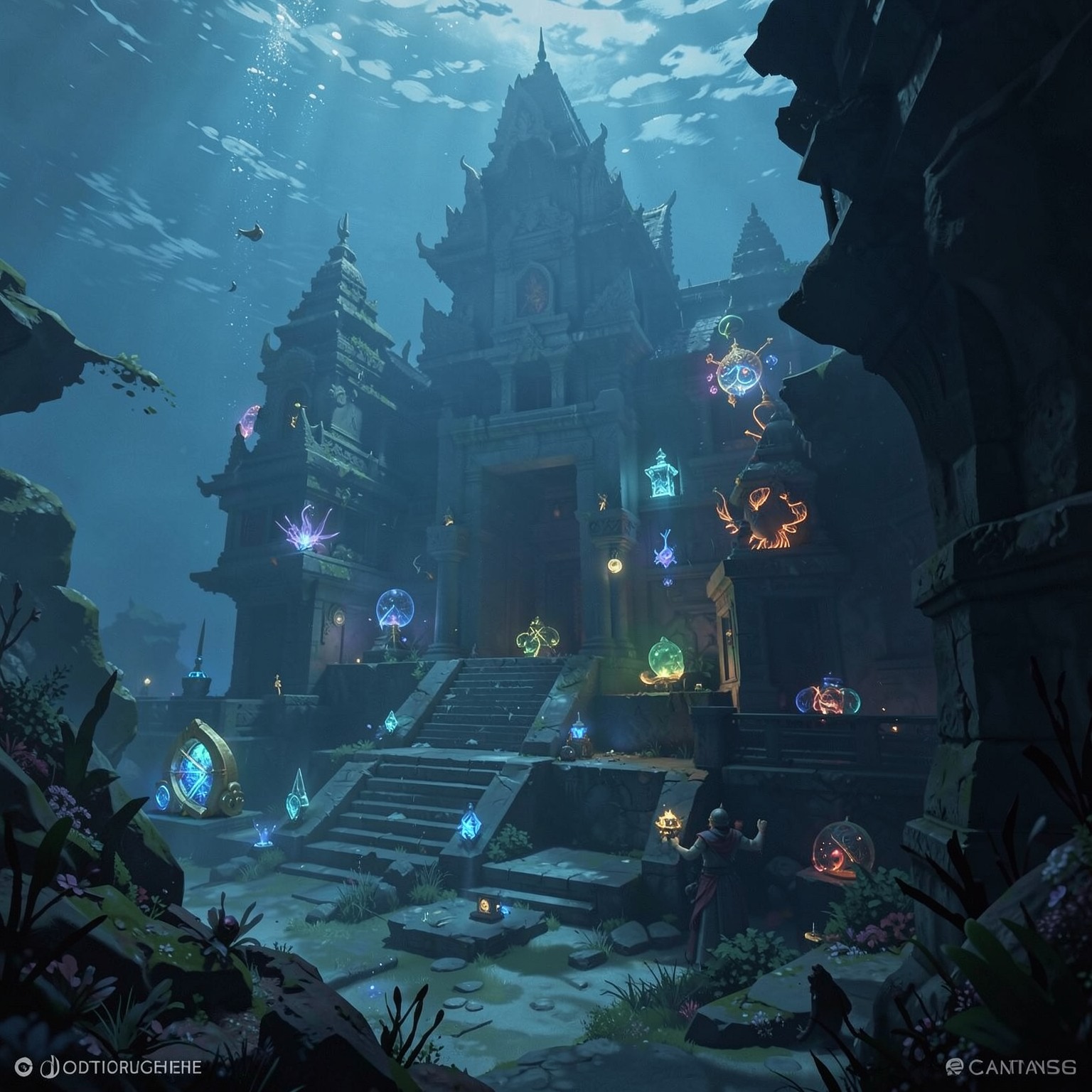Underwater temple with glowing artifacts
