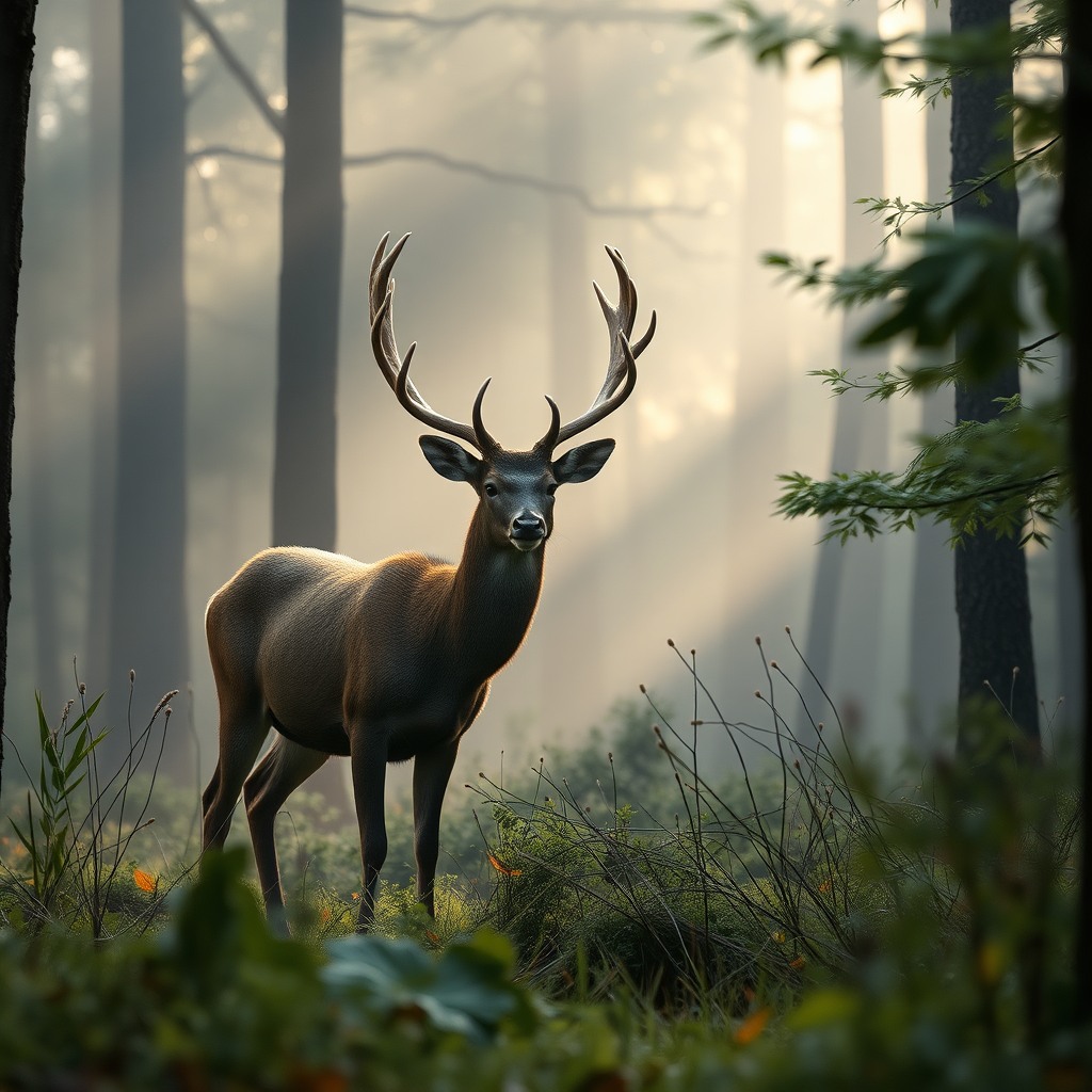 ultra realistic deer in forest, soft morning mist