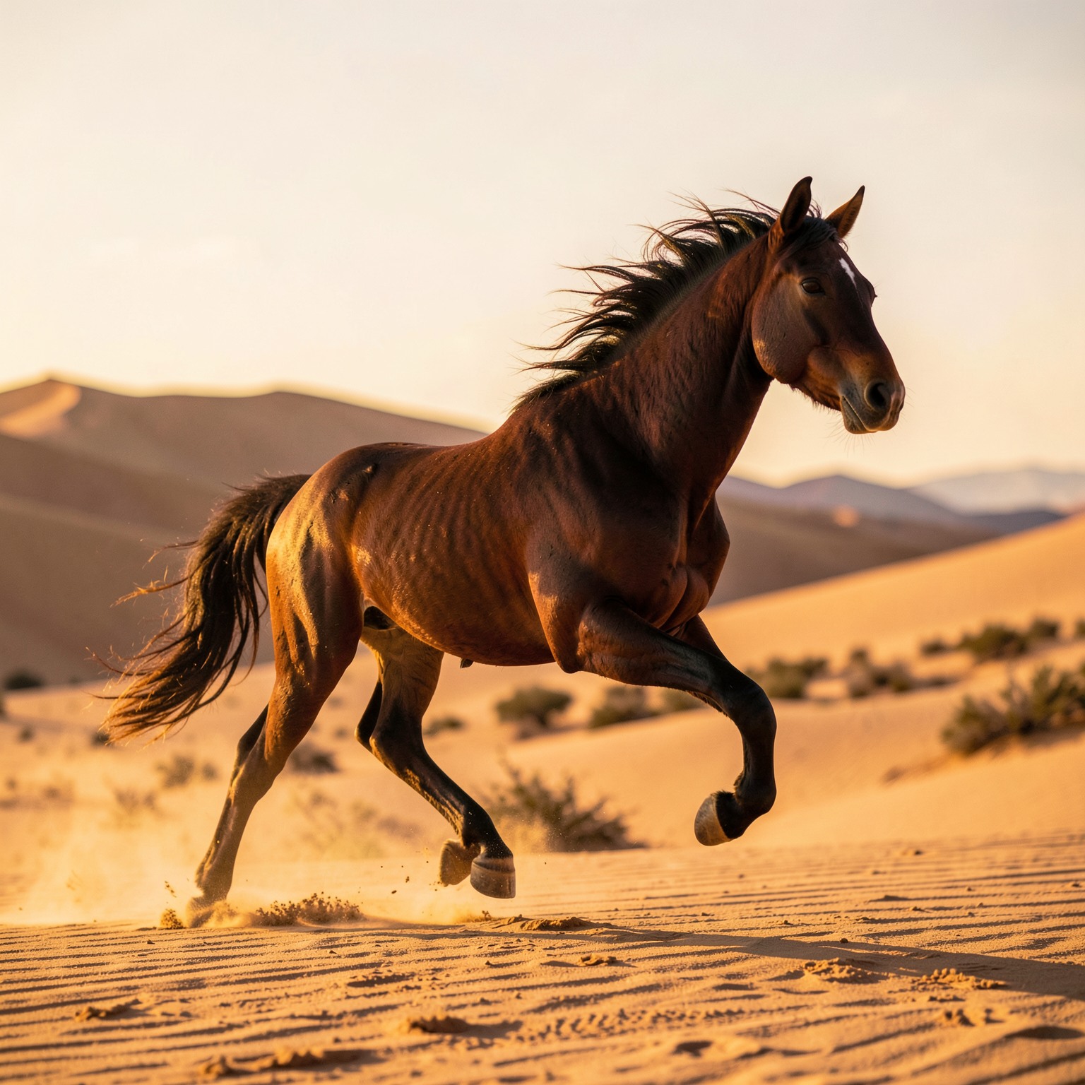 realistic horse running across desert during golden hour