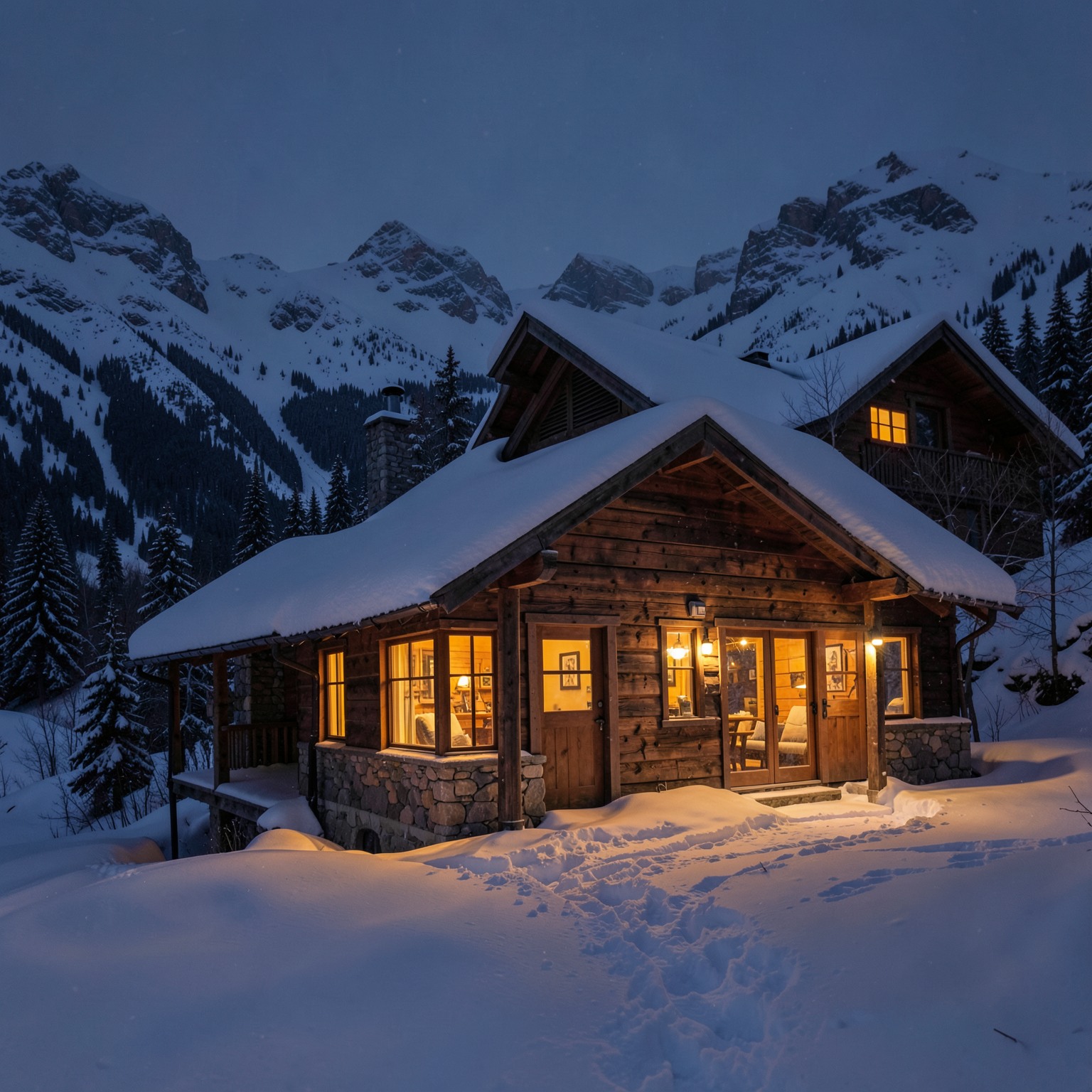 cozy cabin in snowy mountains with warm lights at night