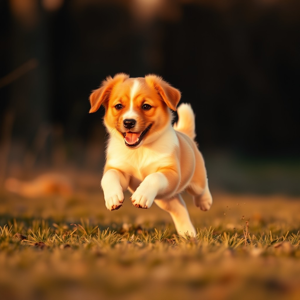 adorable puppy running in slow motion, golden hour, cinematic photography