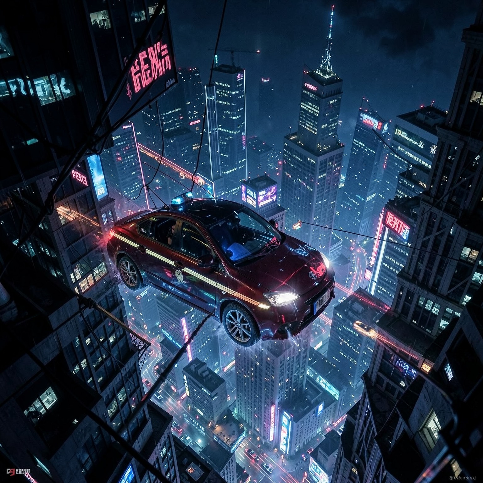 cyberpunk taxi flying between skyscrapers at night