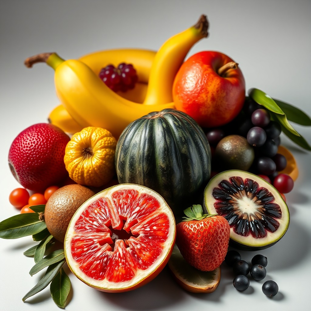 exotic fruits assortment, studio lighting, luxury food style