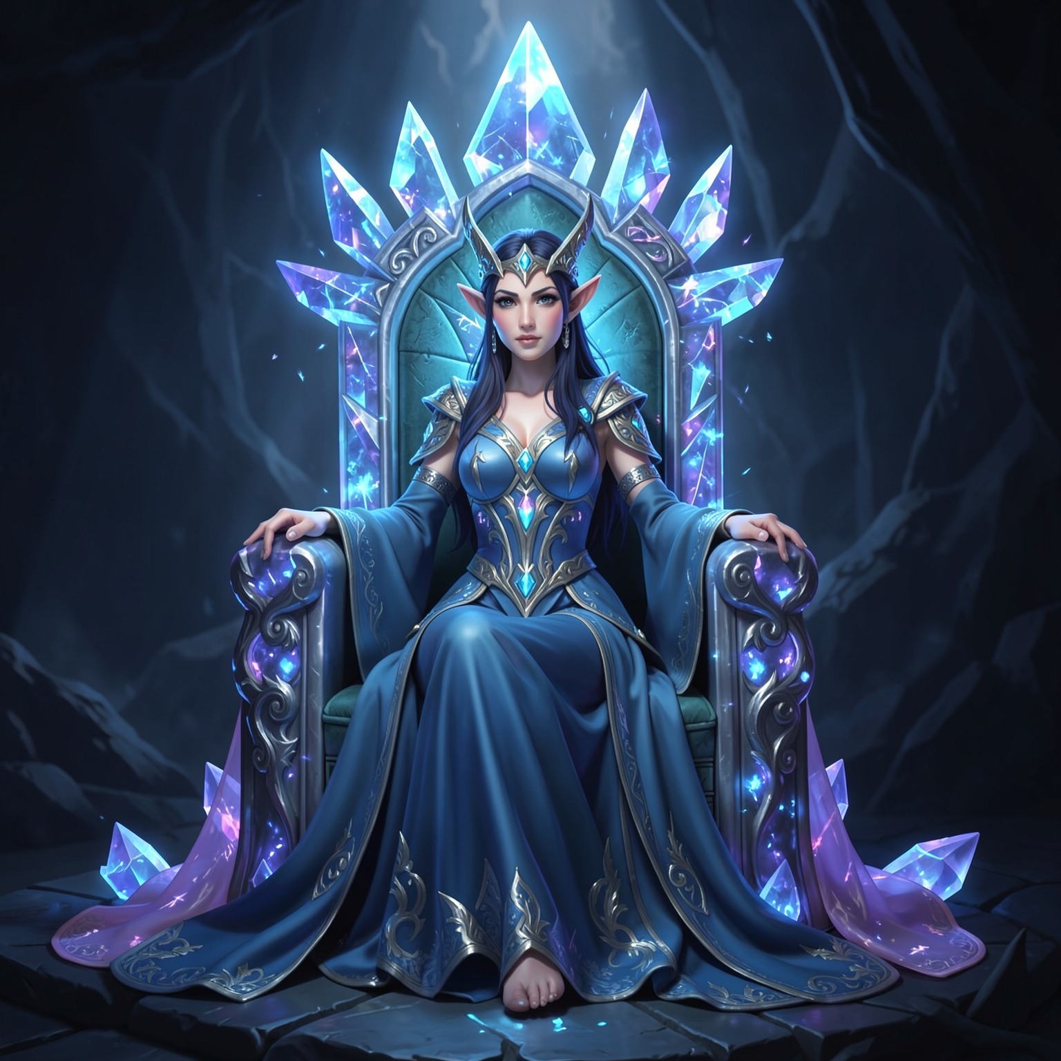 fantasy elf queen sitting on glowing crystal throne
