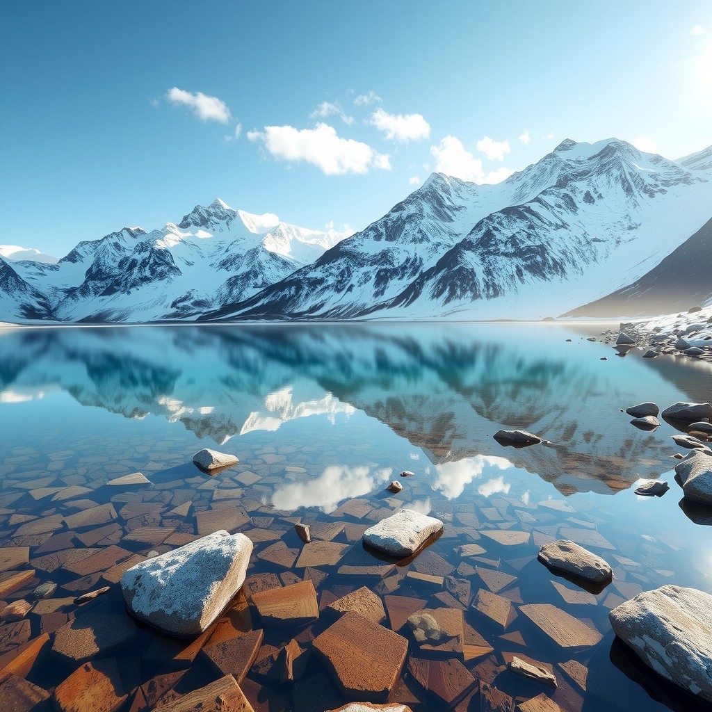 Photo-realistic landscape of a crystal-clear alpine lake reflecting snow-capped mountains, calm water, early morning light