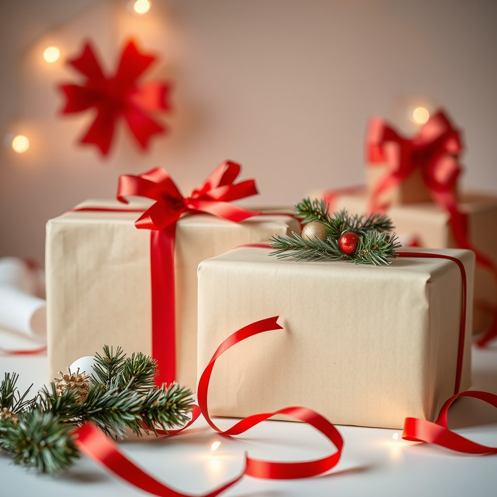christmas gift wrapping scene, ribbons and paper, studio lighting