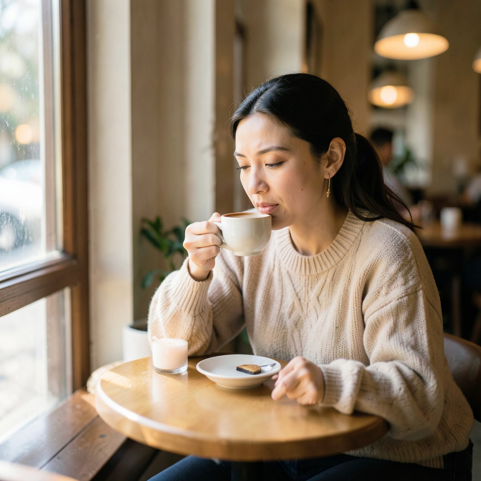 Photorealistic café scene, woman drinking coffee by window, soft morning light, shallow depth of field, lifestyle magazine photo