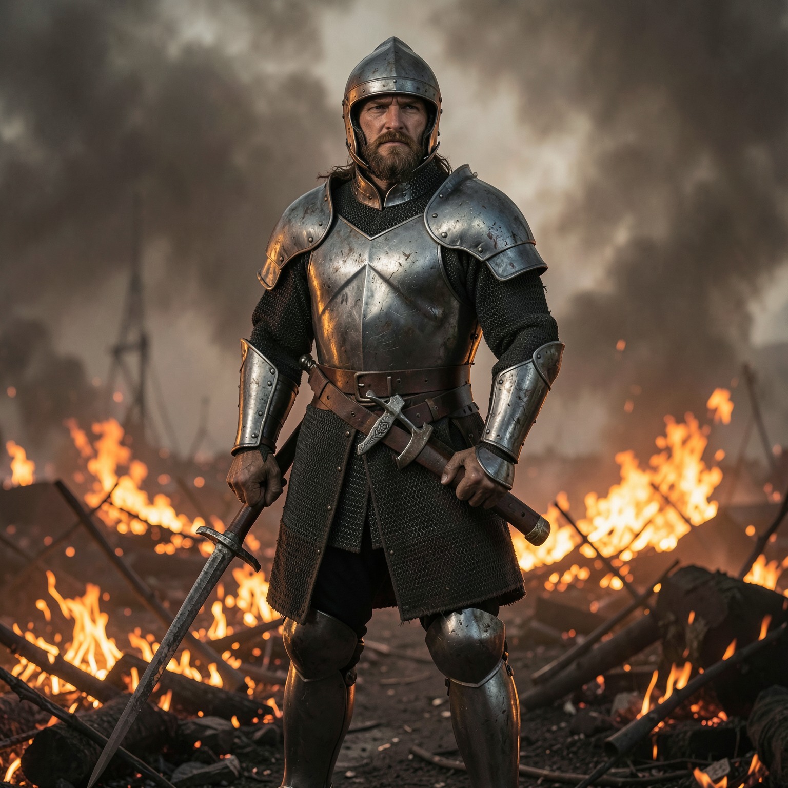 ultra realistic medieval knight standing in burning battlefield smoke, dramatic lighting