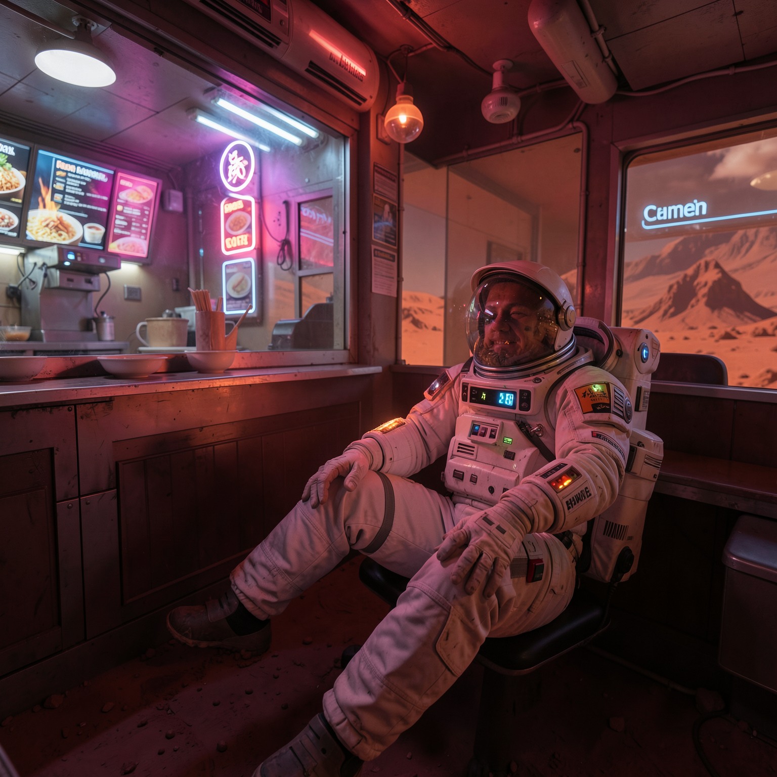 astronaut relaxing in a neon-lit ramen bar on Mars, cinematic sci-fi atmosphere