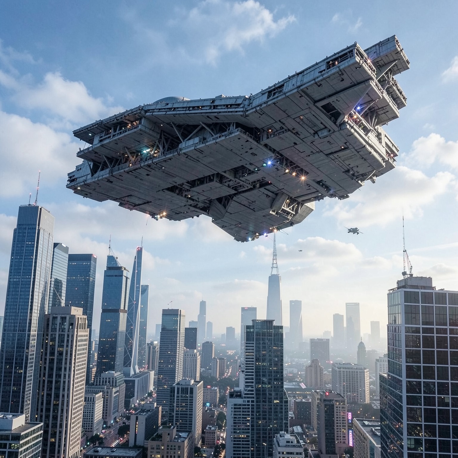 massive spaceship hovering above modern city skyline