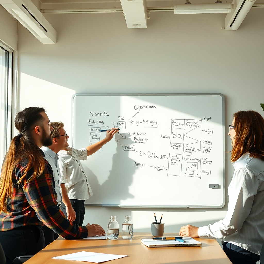 Photo-realistic editorial photography, realistic scene representing a startup team brainstorming ideas on whiteboard, daylight office