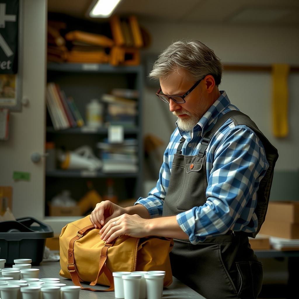 Photo-realistic editorial photography, realistic scene representing a man preparing work bag