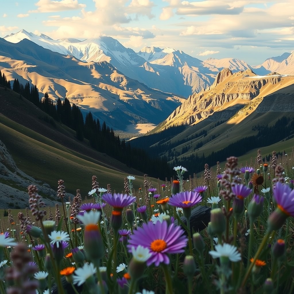 Photo-realistic editorial photography, realistic scene representing valley with wildflowers