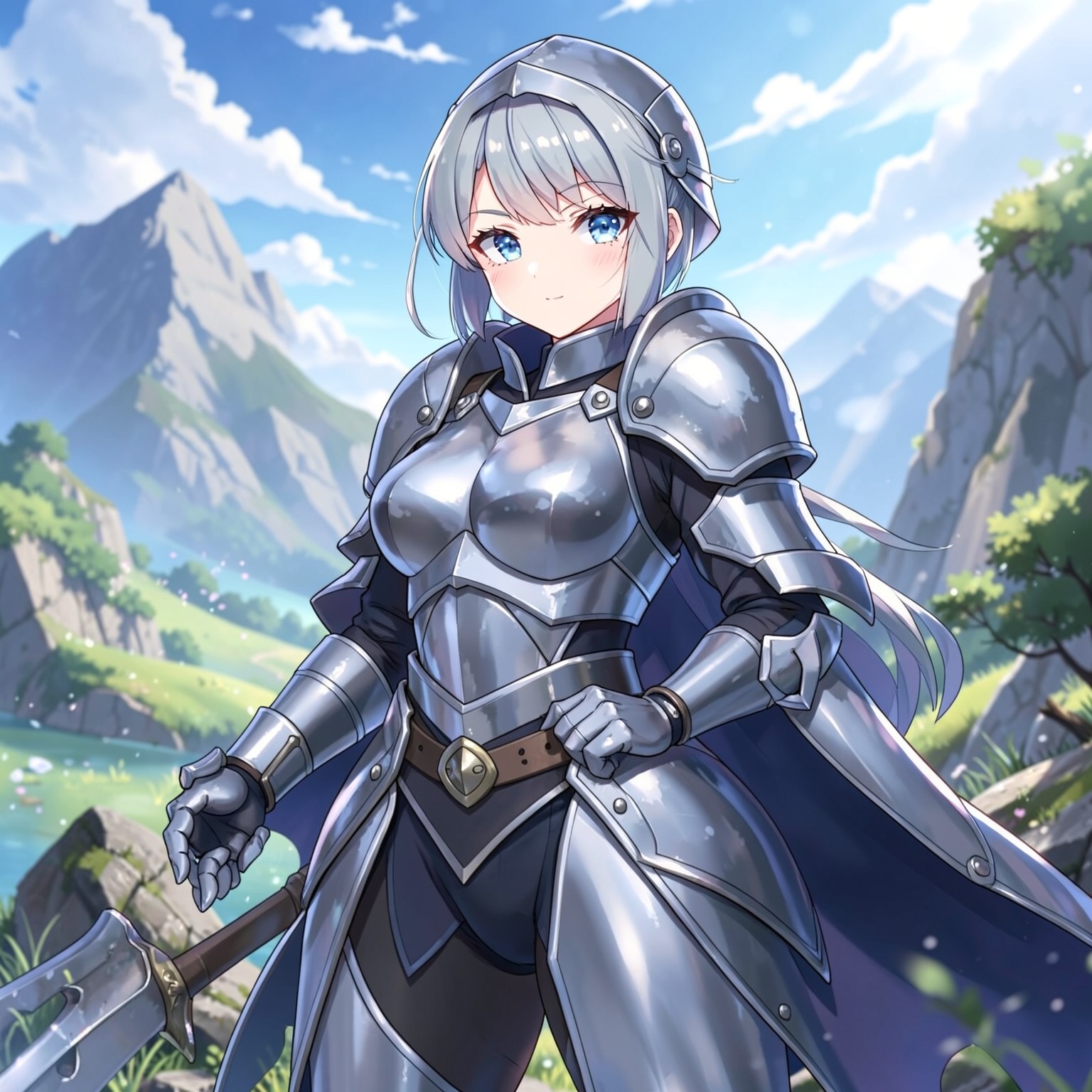 anime knight girl in silver armor, fantasy landscape