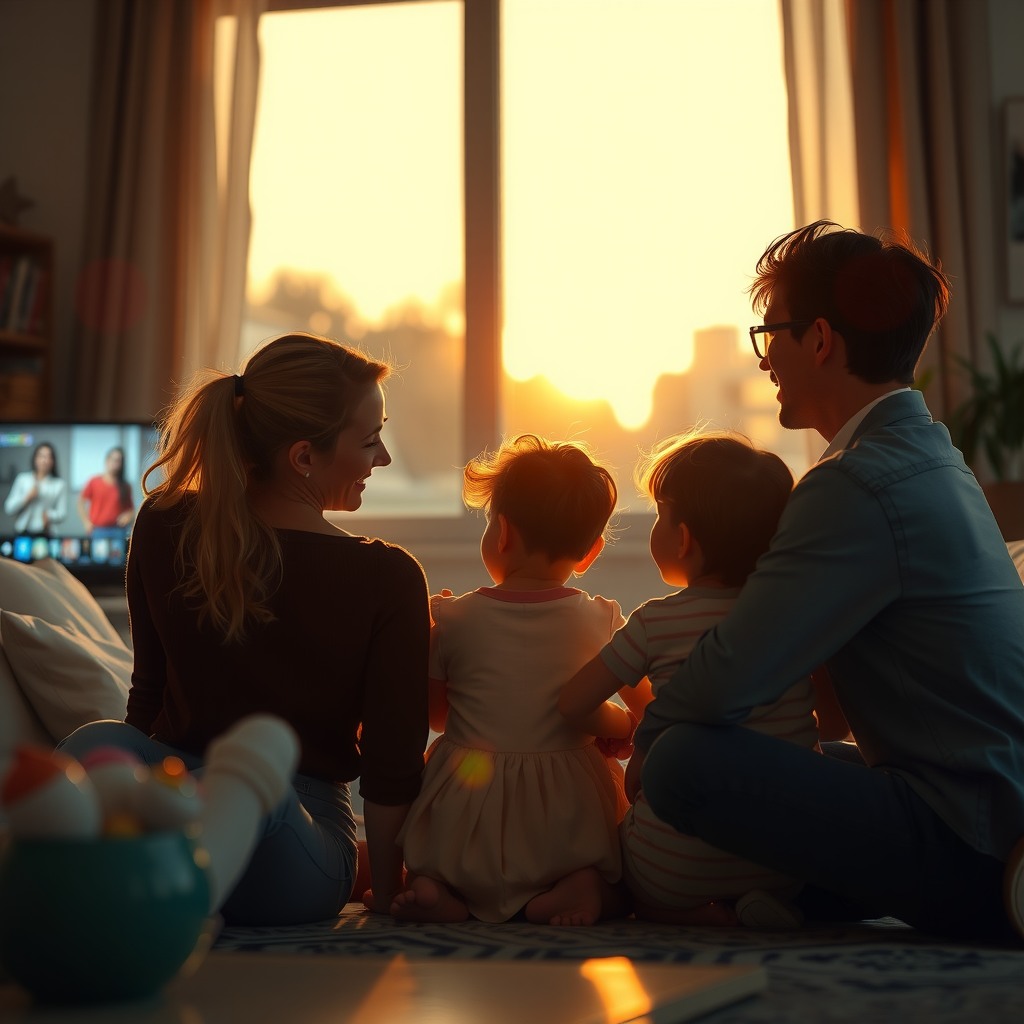 Photo-realistic editorial photography, realistic scene representing a family watching TV in evening light