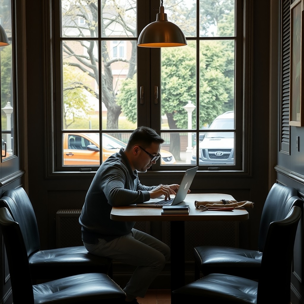 Photo-realistic editorial photography, realistic scene representing a man working on laptop at dining table
