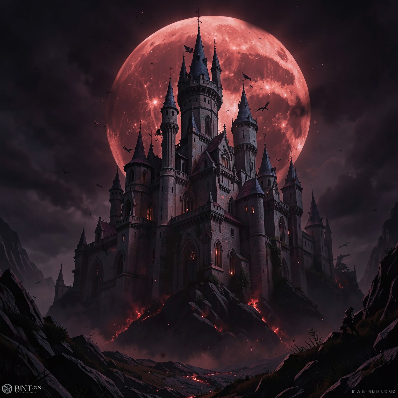 Dark fantasy castle under blood moon