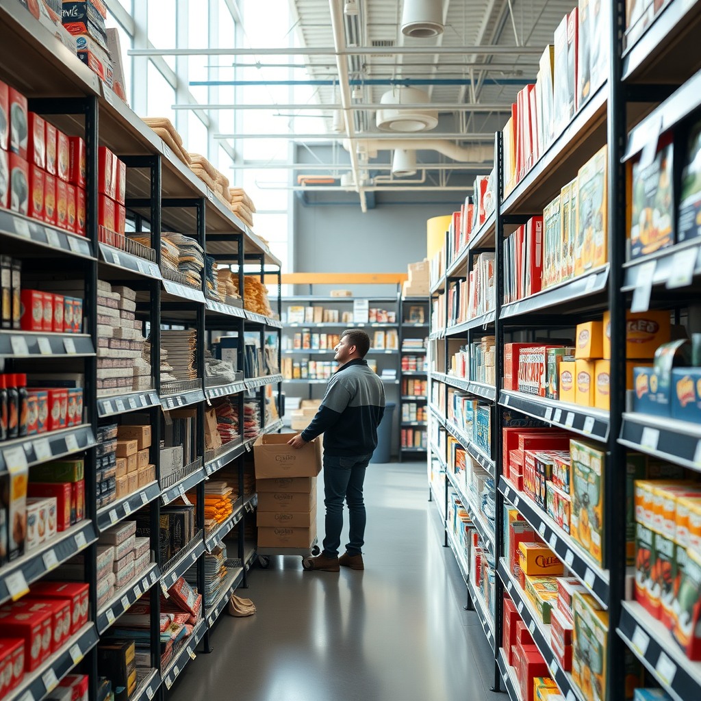 Photo-realistic editorial photography, realistic scene representing a retail worker organizing shelves in modern store, natural light