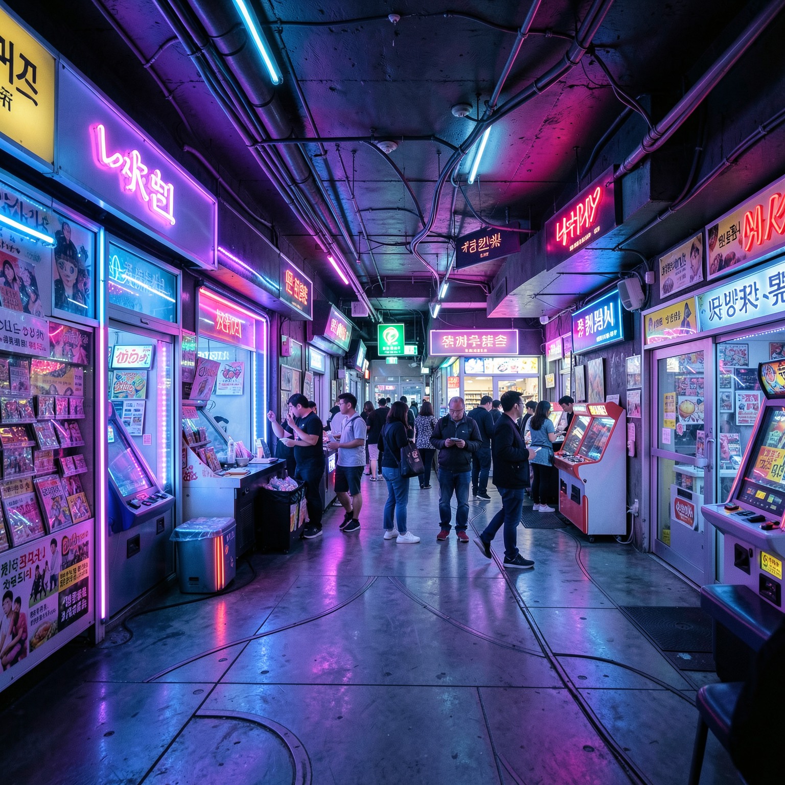 Neon-lit underground arcade in futuristic Seoul, vibrant atmosphere