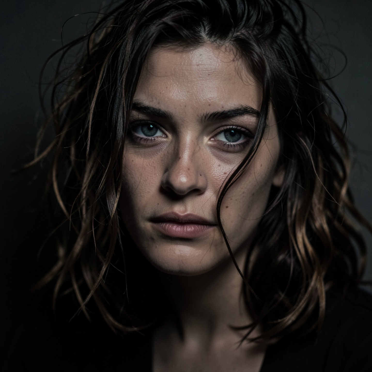 Close-up of woman with messy hair and moody cinematic lighting