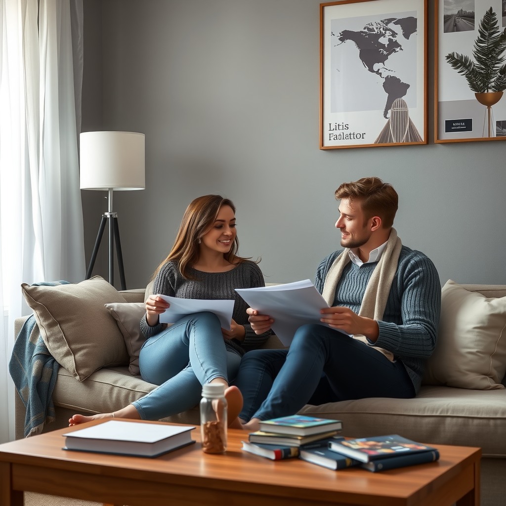 Photo-realistic editorial photography, realistic scene representing a couple discussing plans on sofa