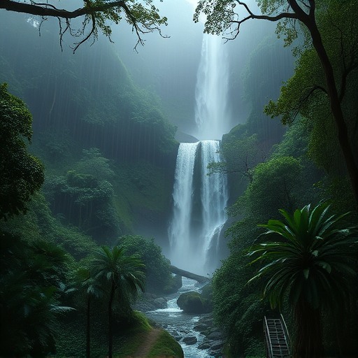 beautiful rain forest with waterfall and buterflys, hyper-realistic, cinematic lighting