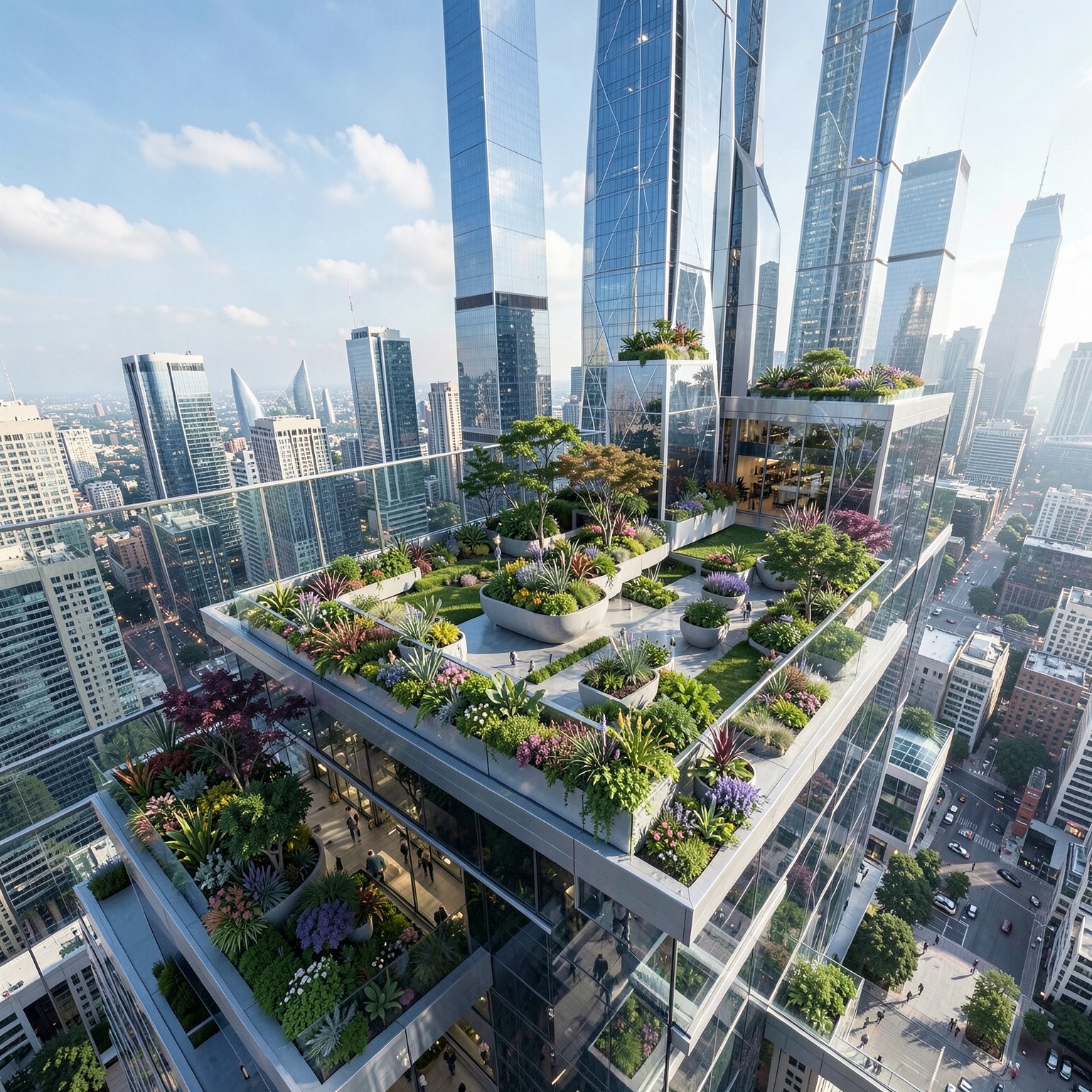 futuristic skyscraper rooftop garden in mega city