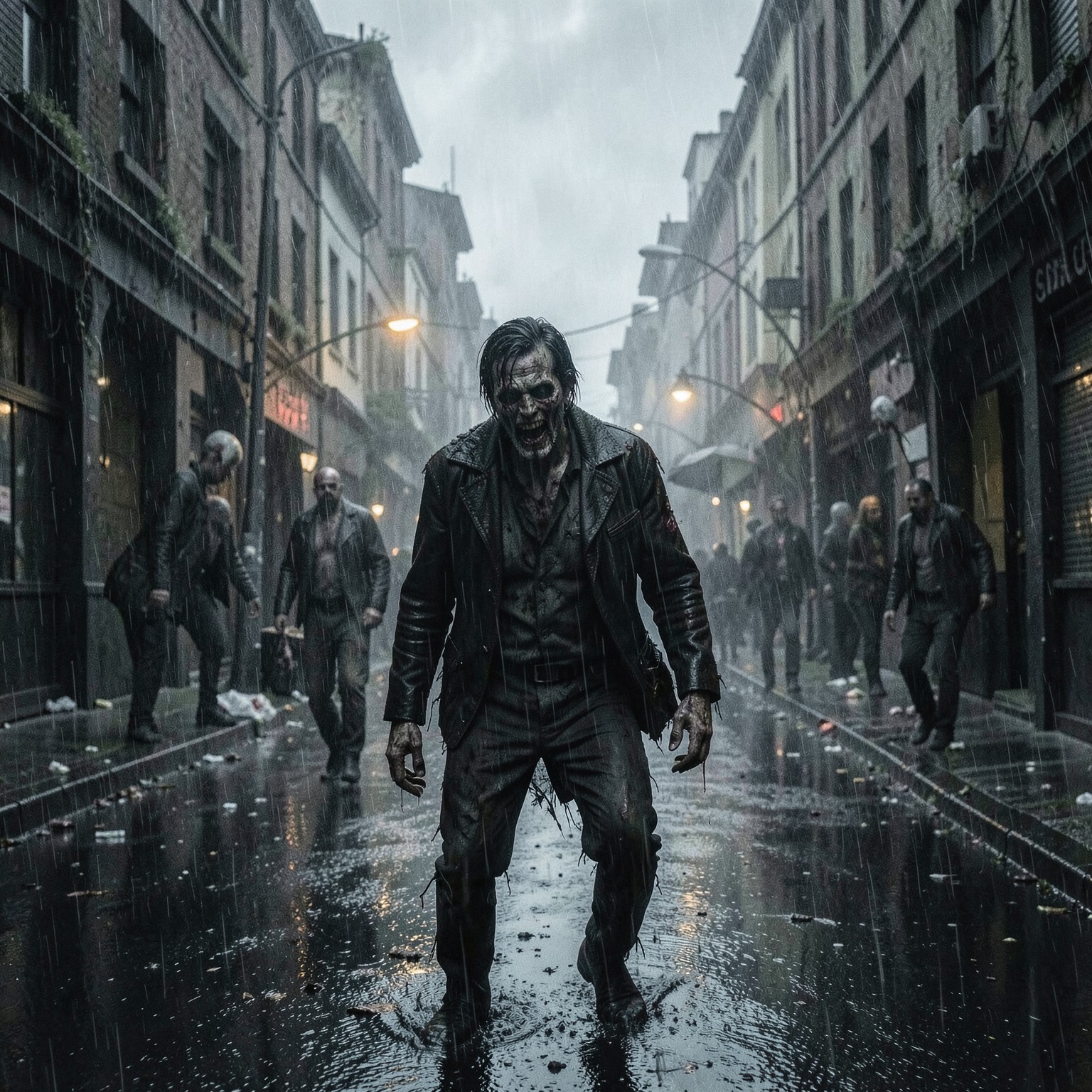 cinematic zombie apocalypse street scene in heavy rain