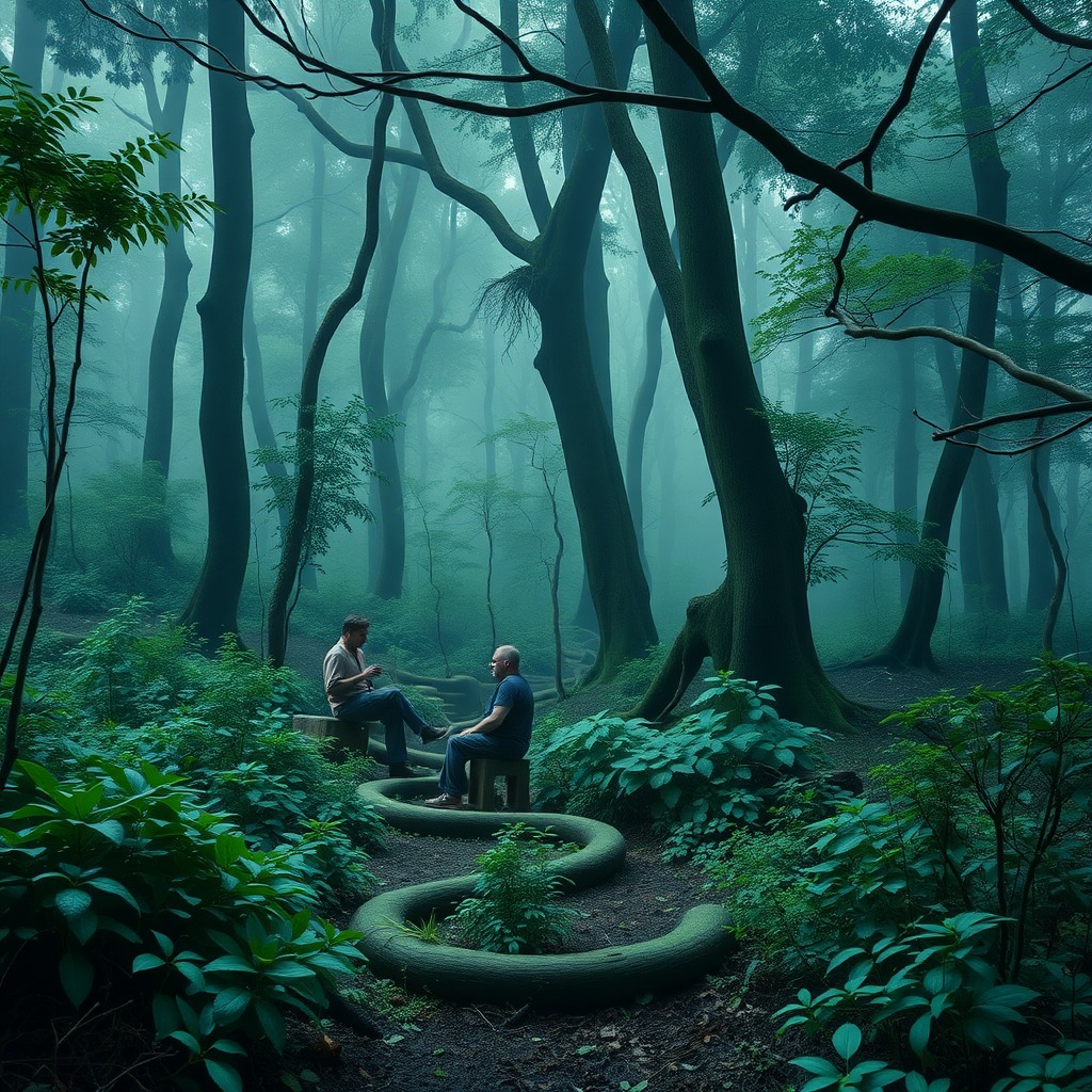 Photo-realistic editorial photography, realistic scene representing deep green woodland