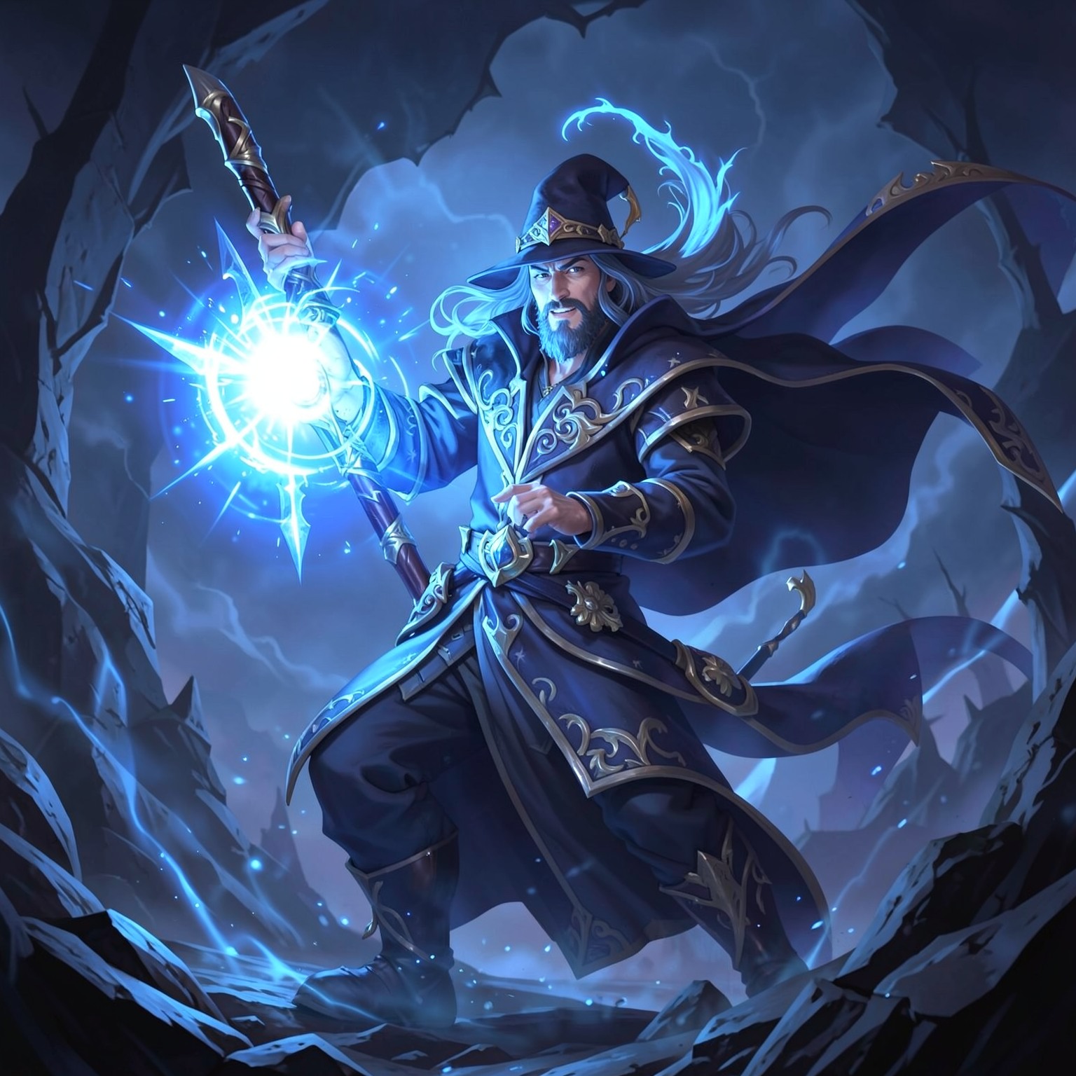 fantasy wizard casting powerful blue magic spell