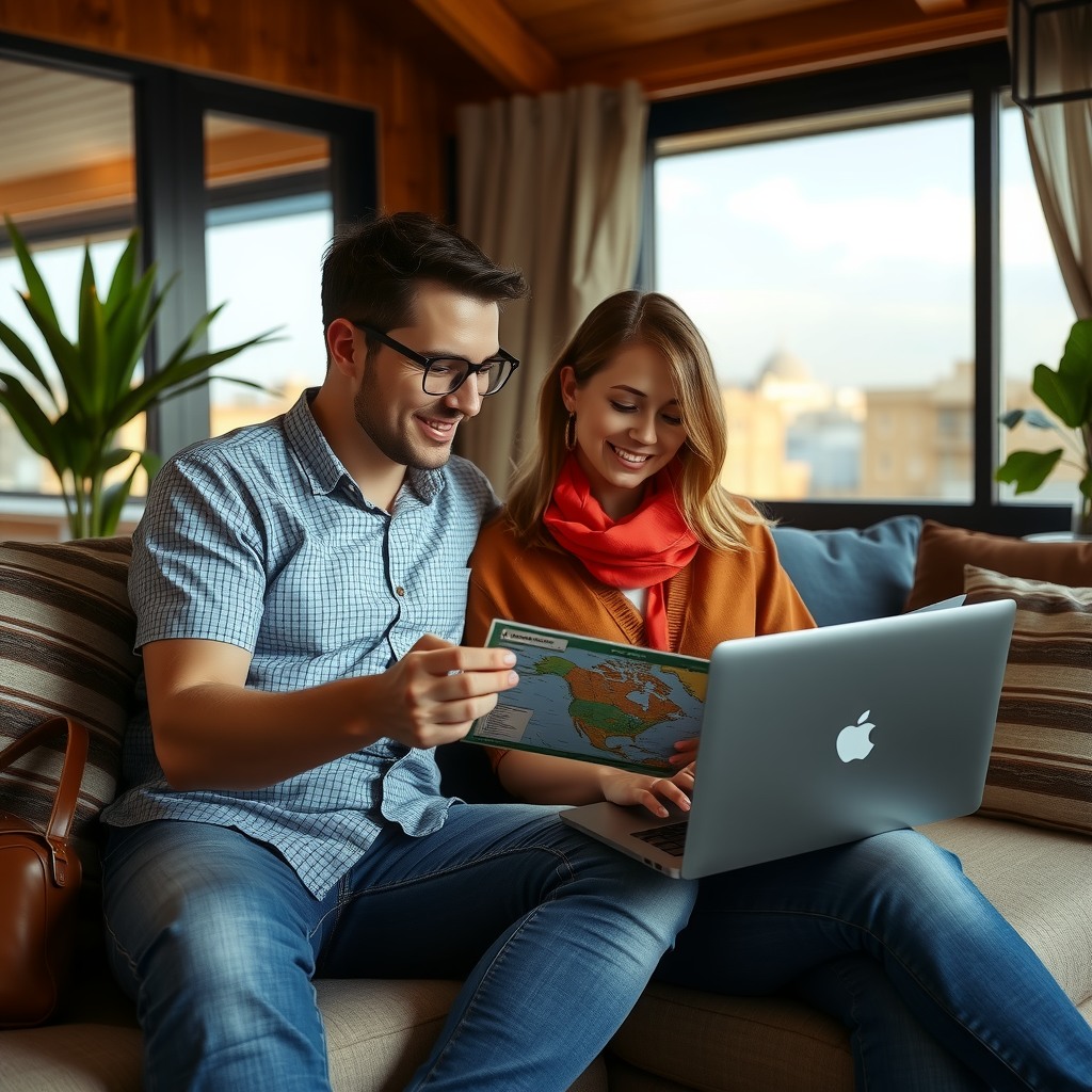 Photo-realistic editorial photography, realistic scene representing a couple planning vacation with laptop and maps