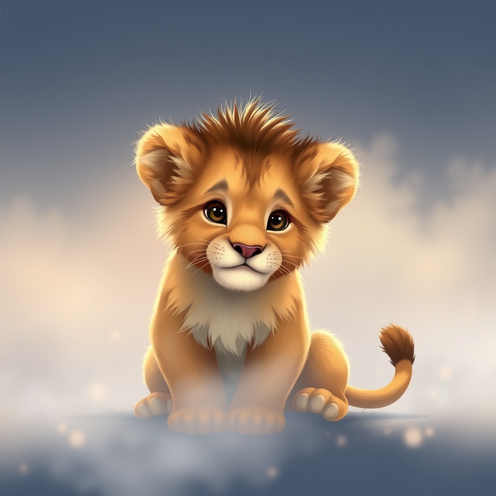 cute lion cub, dreamy atmosphere, clean background