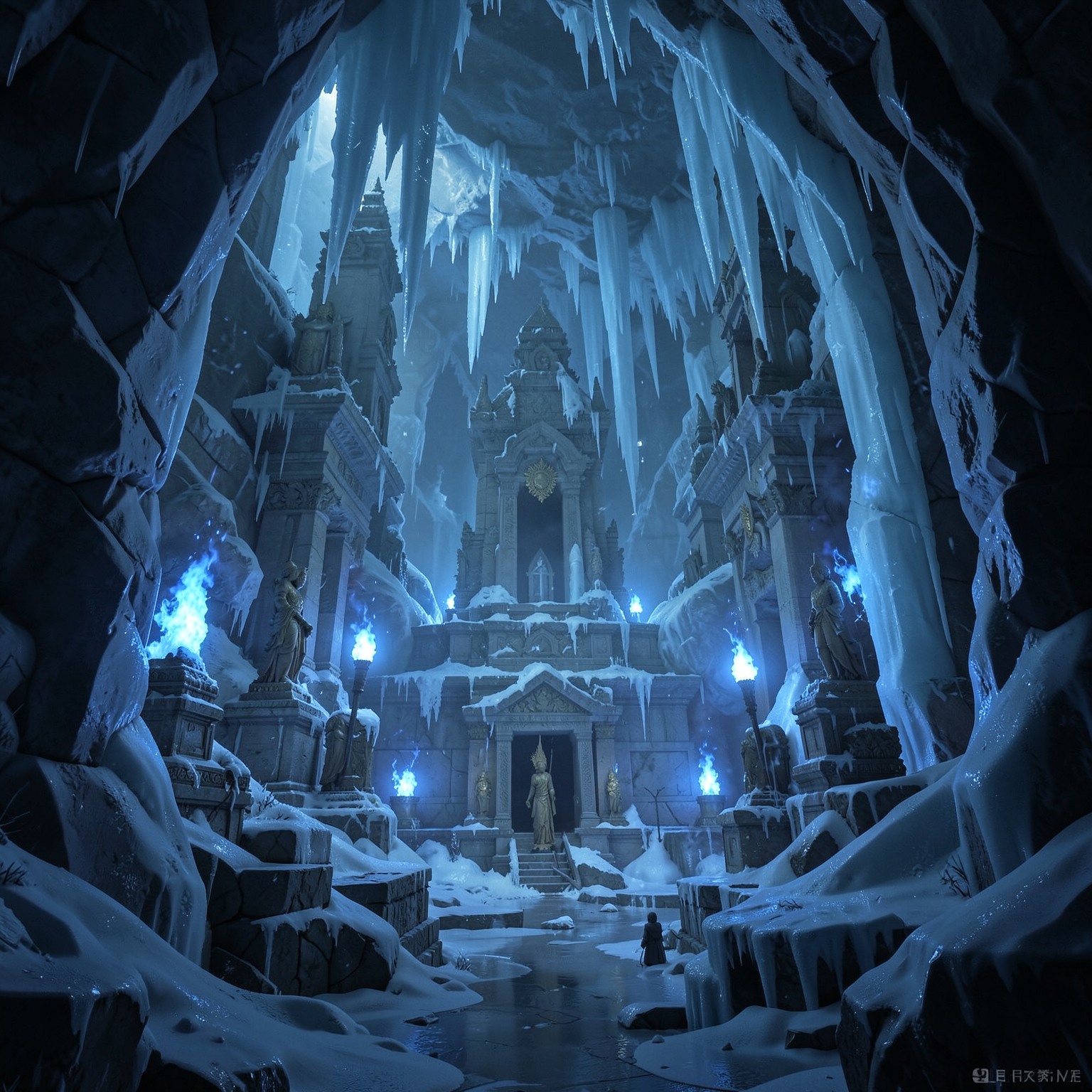 Ancient temple inside giant frozen cave with blue fire torches