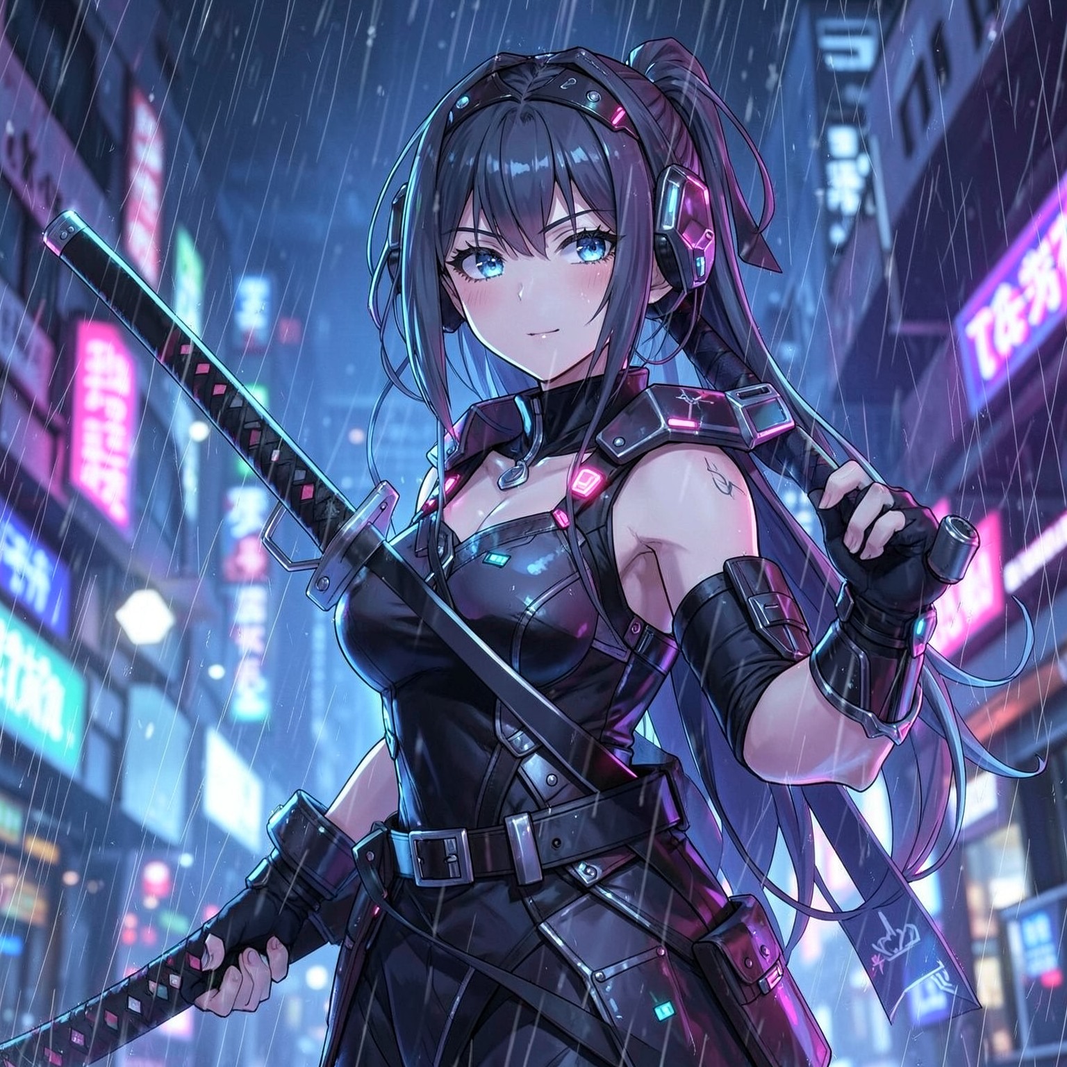 anime cyberpunk girl holding katana, neon rain, detailed reflections