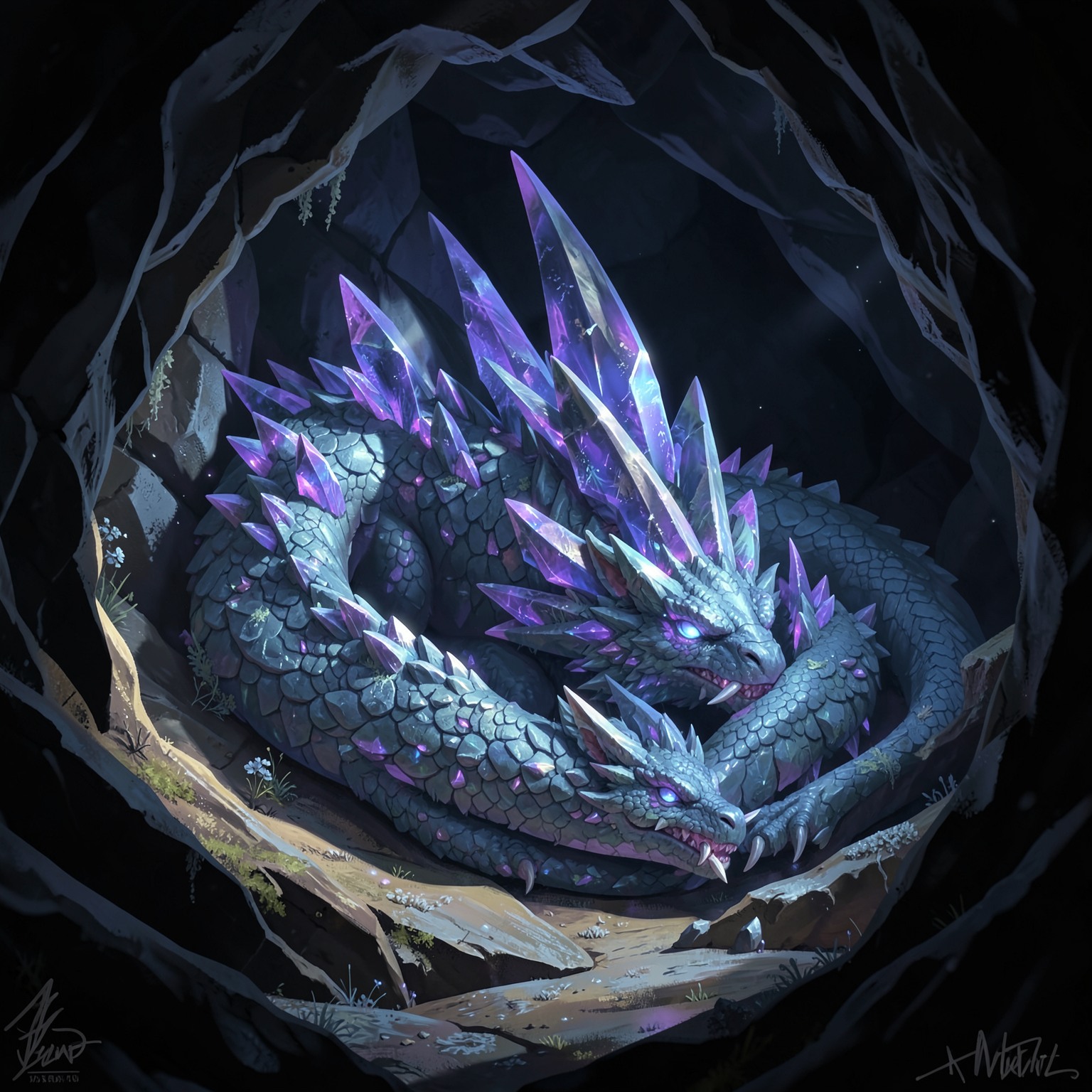 giant crystal dragon sleeping inside cave