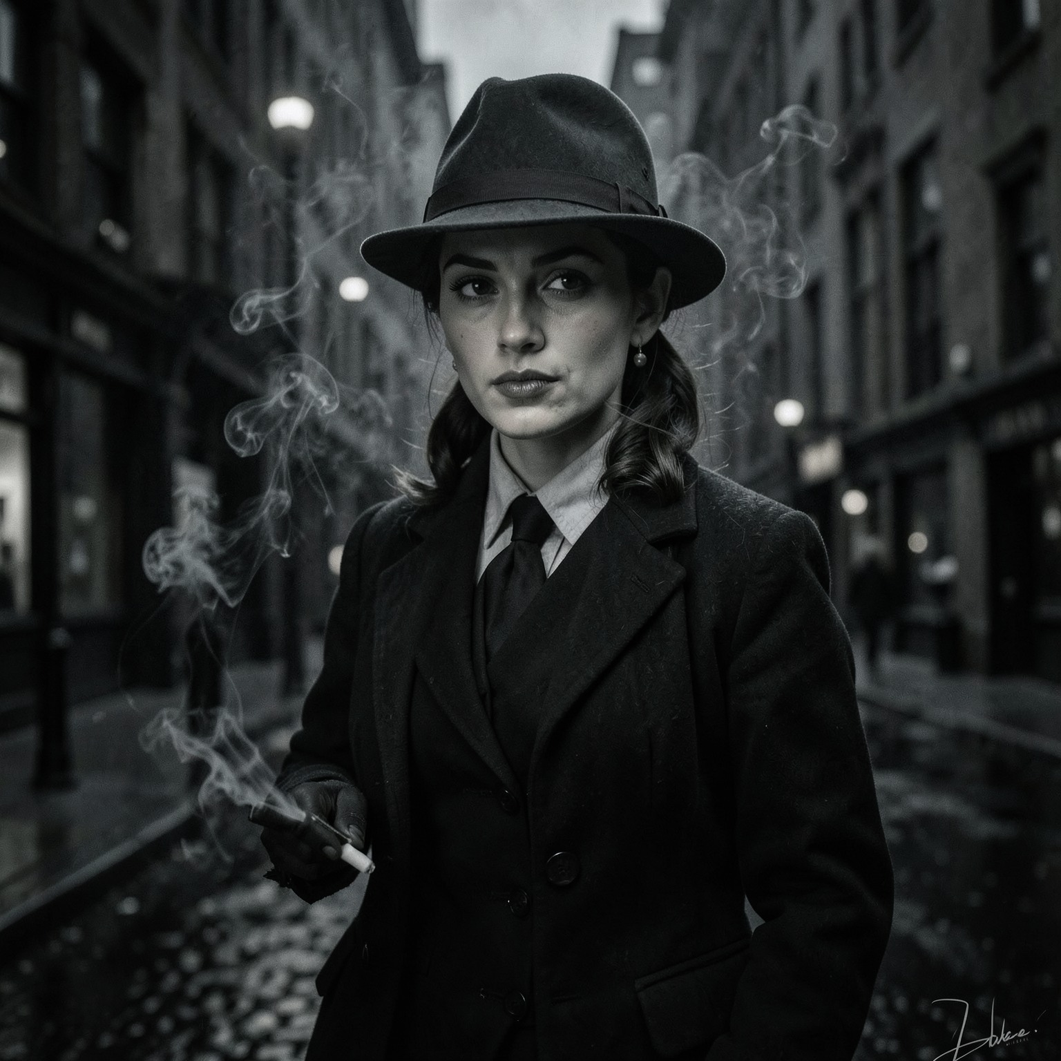 realistic female detective in noir city, cigarette smoke, dramatic shadows