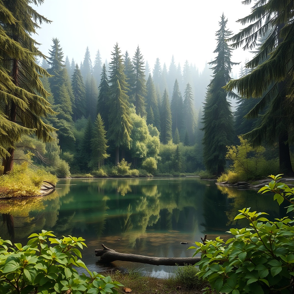 Photo-realistic editorial photography, realistic scene representing calm forest lake