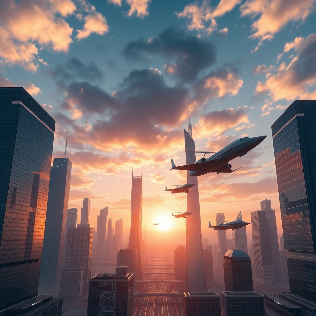 futuristic city skyline at sunrise, glass skyscrapers, flying vehicles, cinematic wide shot, ultra detailed