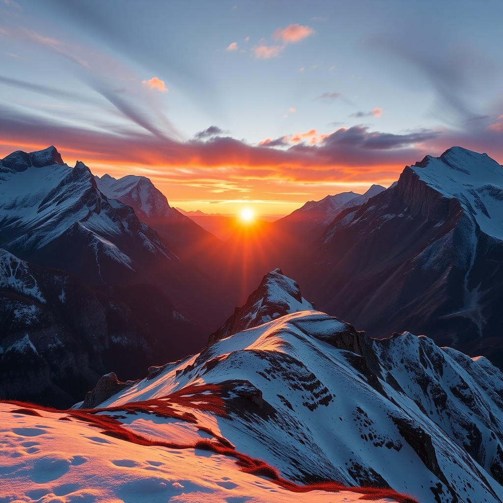Photo-realistic editorial photography, realistic scene representing alpine mountains at sunrise