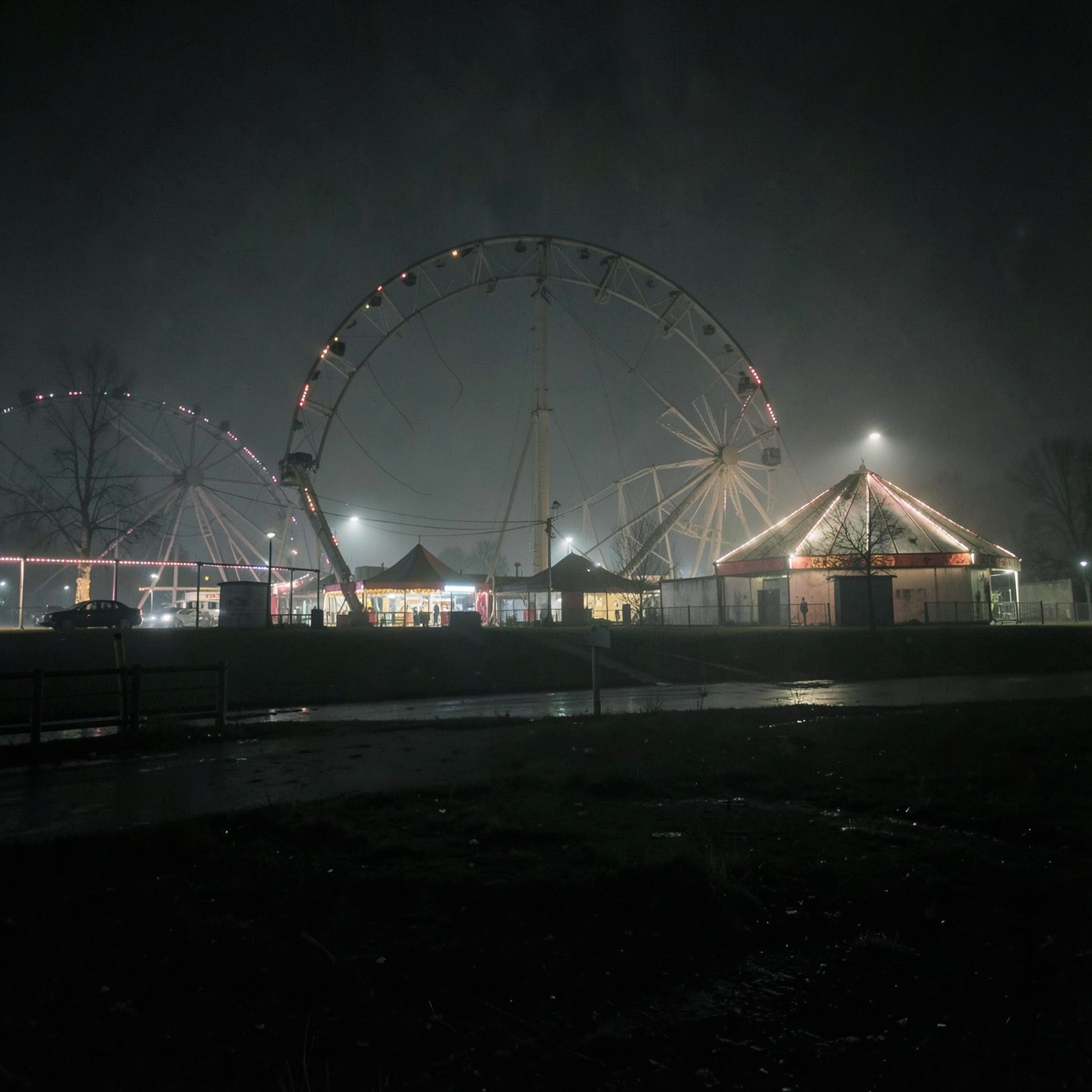 abandoned amusement park at night with fog
