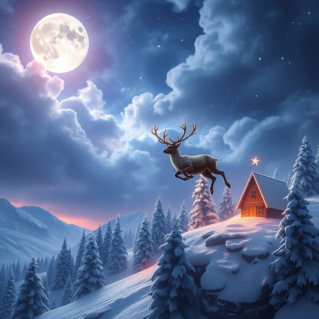 fantasy christmas scene with flying reindeer, magical sky, epic composition
